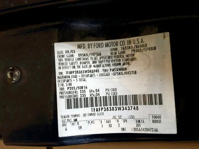 1FAFP38383W343748 - 2003 FORD FOCUS ZTS BLUE photo 10