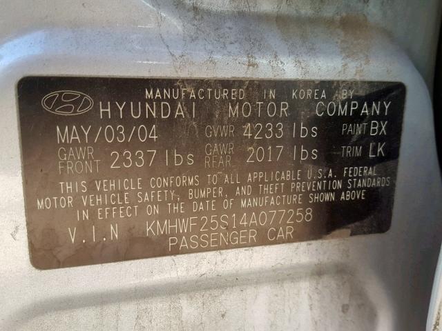 KMHWF25S14A077258 - 2004 HYUNDAI SONATA GL GRAY photo 10