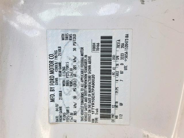 1FTYR10DX7PA90020 - 2007 FORD RANGER WHITE photo 10