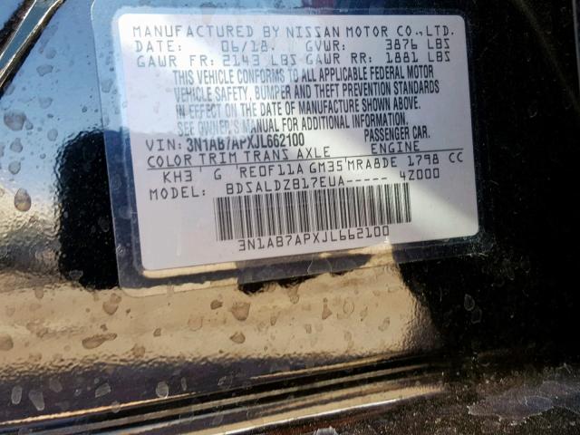 3N1AB7APXJL662100 - 2018 NISSAN SENTRA S BLACK photo 10