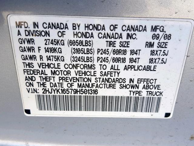 2HJYK16579H501316 - 2009 HONDA RIDGELINE SILVER photo 10