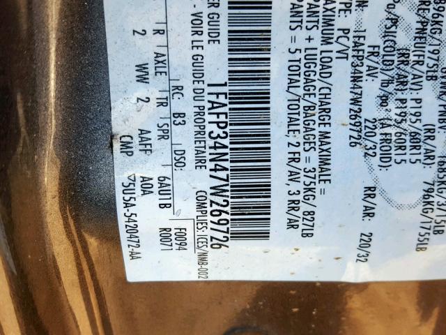 1FAFP34N47W269726 - 2007 FORD FOCUS ZX4 GRAY photo 10