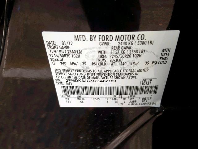 2FMDK3JCXCBA82159 - 2012 FORD EDGE SEL BLACK photo 10