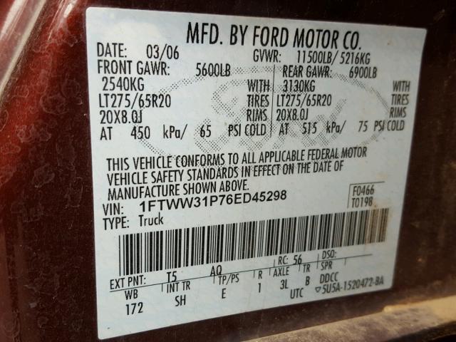 1FTWW31P76ED45298 - 2006 FORD F350 SRW S BURGUNDY photo 10