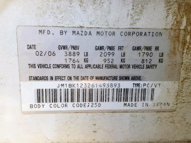 JM1BK123261493893 - 2006 MAZDA 3 S WHITE photo 10