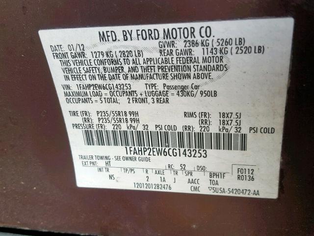 1FAHP2EW6CG143253 - 2012 FORD TAURUS SEL BROWN photo 10