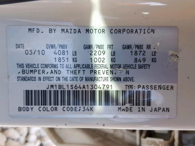 JM1BL1S64A1304791 - 2010 MAZDA 3 S WHITE photo 10