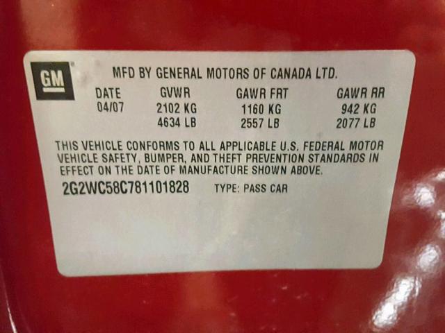 2G2WC58C781101828 - 2008 PONTIAC GRAND PRIX RED photo 10