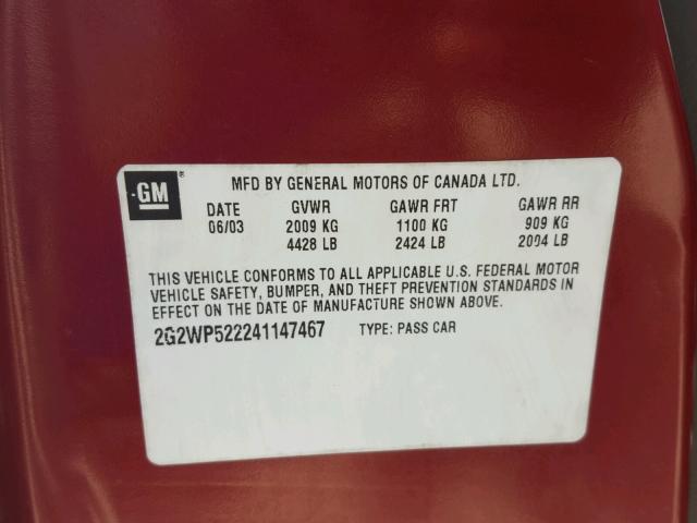 2G2WP522241147467 - 2004 PONTIAC GRAND PRIX MAROON photo 10