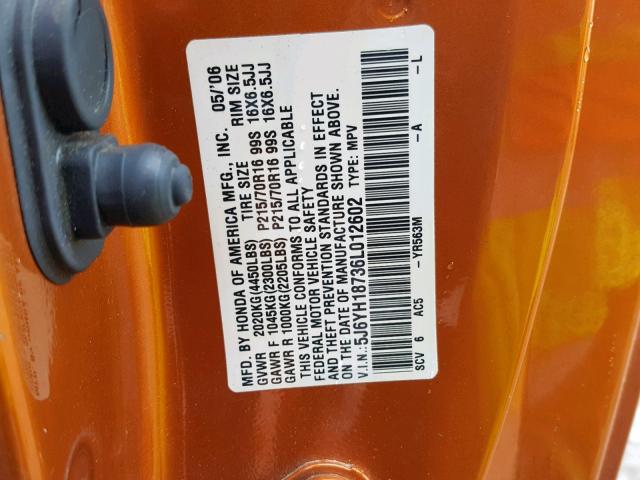 5J6YH18736L012602 - 2006 HONDA ELEMENT EX ORANGE photo 10