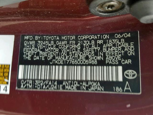 JTKDE177650005988 - 2005 TOYOTA SCION TC ბურგუნდია ფოტო 10