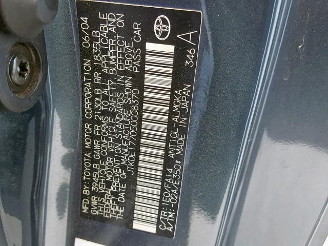 JTKDE177050008370 - 2005 TOYOTA SCION TC გრაფიტი ფოტო 10