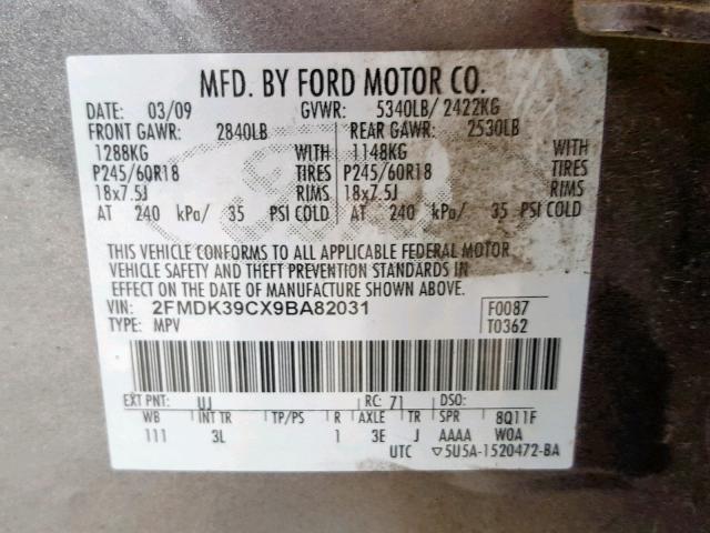 2FMDK39CX9BA82031 - 2009 FORD EDGE LIMIT SILVER photo 10