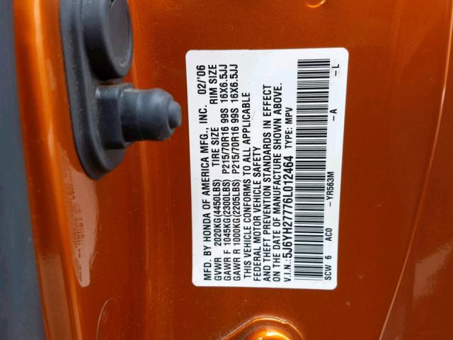 5J6YH27776L012464 - 2006 HONDA ELEMENT EX ORANGE photo 10