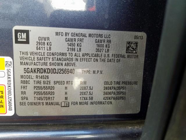 5GAKRDKD0DJ256940 - 2013 BUICK ENCLAVE  photo 10