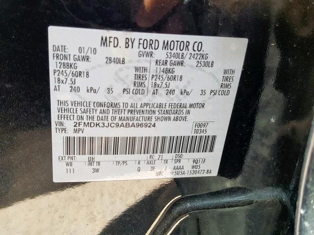 2FMDK3JC9ABA96924 - 2010 FORD EDGE SEL BLACK photo 10