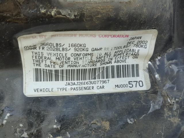 JA3AJ26E63U077967 - 2003 MITSUBISHI LANCER ES BLACK photo 10