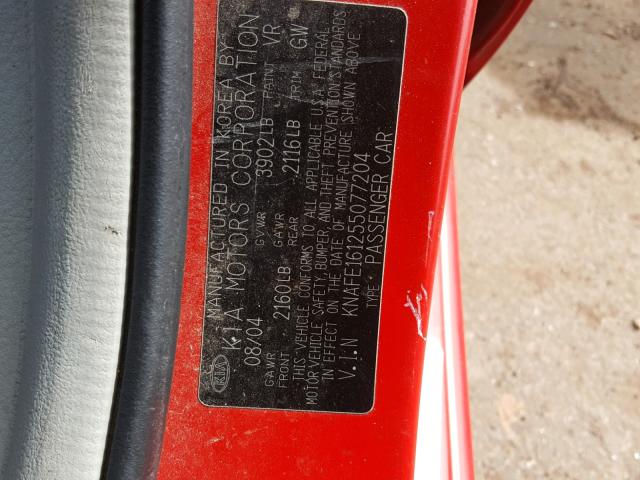 KNAFE161255077204 - 2005 KIA SPECTRA5 RED photo 10