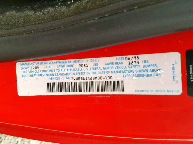 3VWBB61C8WM006100 - 1998 VOLKSWAGEN NEW BEETLE წითელი ფოტო 10