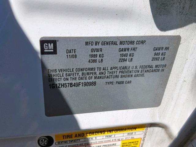 1G1ZH57B49F190988 - 2009 CHEVROLET MALIBU 1LT 白色 照片 10