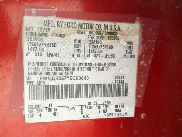 1FMNU42S7YEC00643 - 2000 FORD EXCURSION RED photo 10