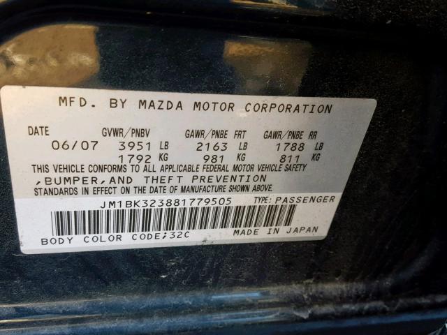 JM1BK323881779505 - 2008 MAZDA 3 S BLUE photo 10