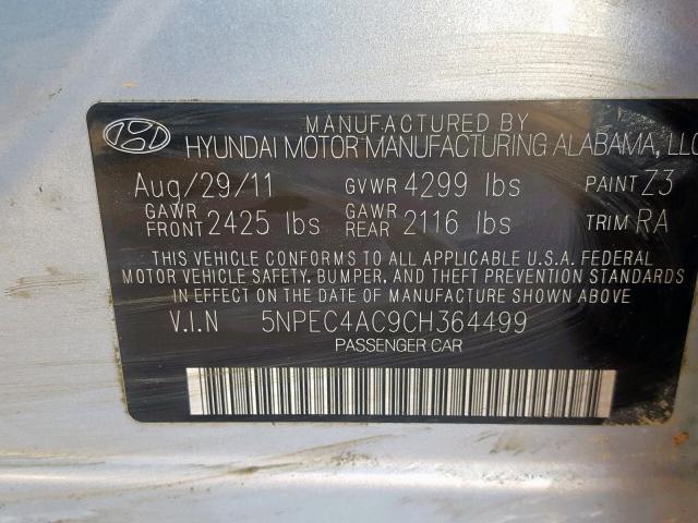 5NPEC4AC9CH364499 - 2012 HYUNDAI SONATA SE SILVER photo 10