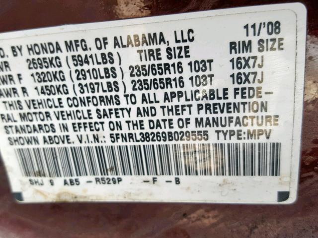 5FNRL38269B029555 - 2009 HONDA ODYSSEY LX MAROON photo 10