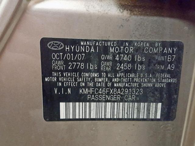 KMHFC46FX8A291323 - 2008 HYUNDAI AZERA SE TAN photo 10