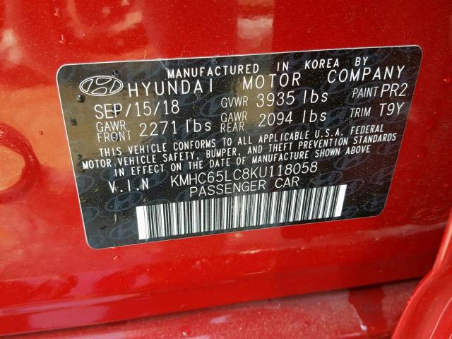 KMHC65LC8KU118058 - 2019 HYUNDAI IONIQ BLUE RED photo 10