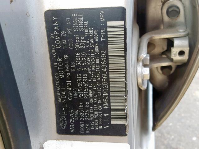 KM8JM12B86U436492 - 2006 HYUNDAI TUCSON GL SILVER photo 10