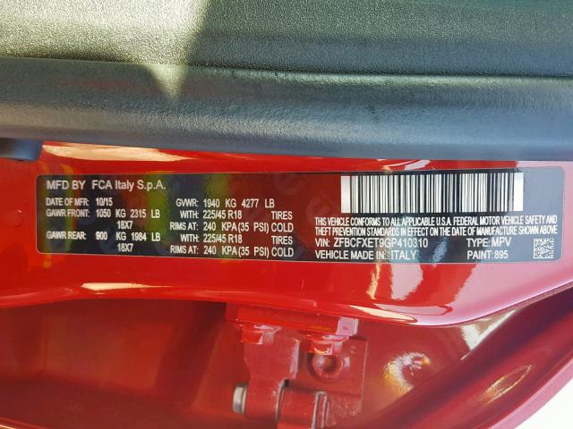 ZFBCFXET9GP410310 - 2016 FIAT 500X TREKK RED photo 10