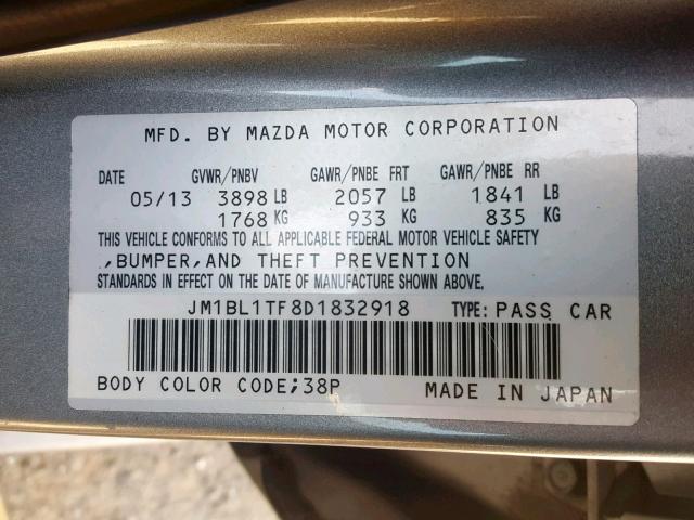 JM1BL1TF8D1832918 - 2013 MAZDA 3 I SILVER photo 10