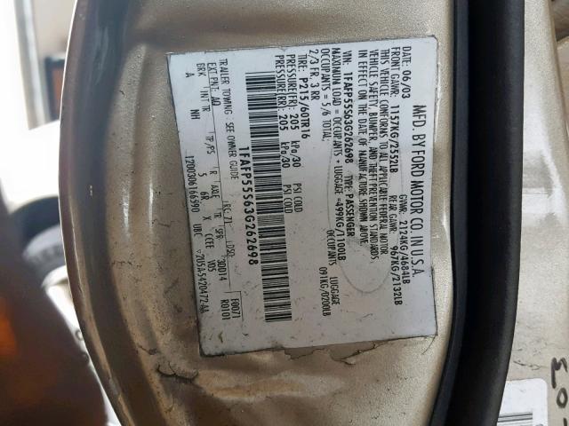 1FAFP55S63G262698 - 2003 FORD TAURUS SES GOLD photo 10