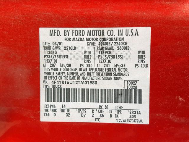 4F4YR16U12TM01980 - 2002 MAZDA B3000 CAB RED photo 10