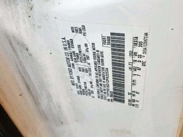 1FTYR10D12PA22536 - 2002 FORD RANGER WHITE photo 10