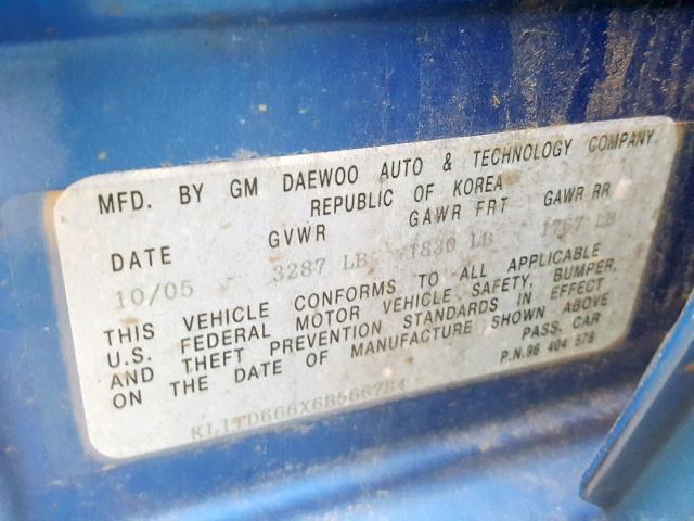 KL1TD666X6B566784 - 2006 CHEVROLET AVEO BASE Көк фото 10
