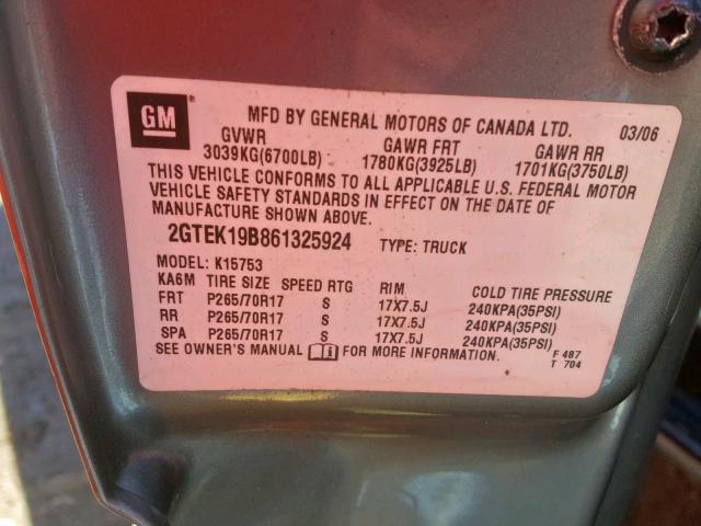 2GTEK19B861325924 - 2006 GMC NEW SIERRA GRAY photo 10