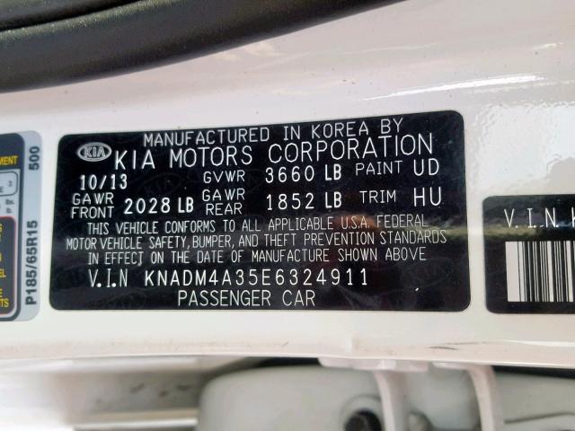 KNADM4A35E6324911 - 2014 KIA RIO LX WHITE photo 10