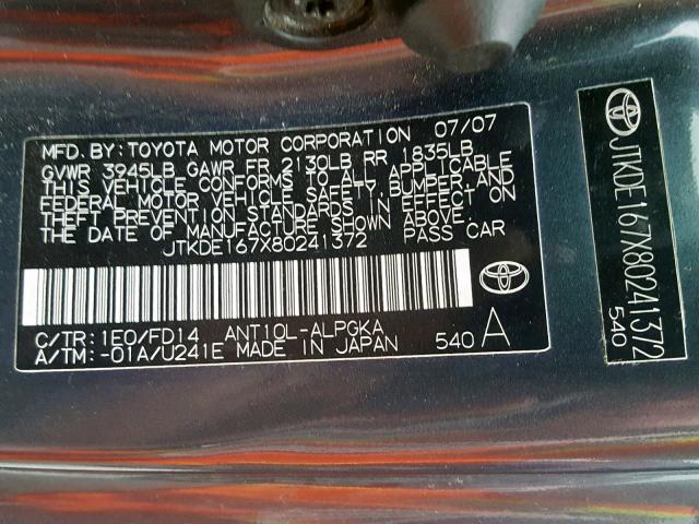 JTKDE167X80241372 - 2008 TOYOTA SCION TC ნაცრისფერი ფოტო 10