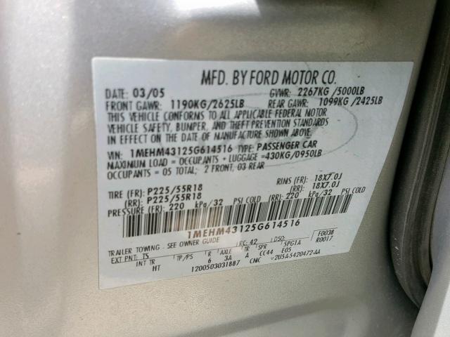 1MEHM43125G614516 - 2005 MERCURY MONTEGO PR SILVER photo 10