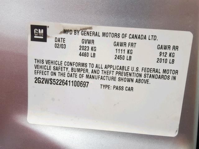 2G2WS522641100697 - 2004 PONTIAC GRAND PRIX 银色 照片 10