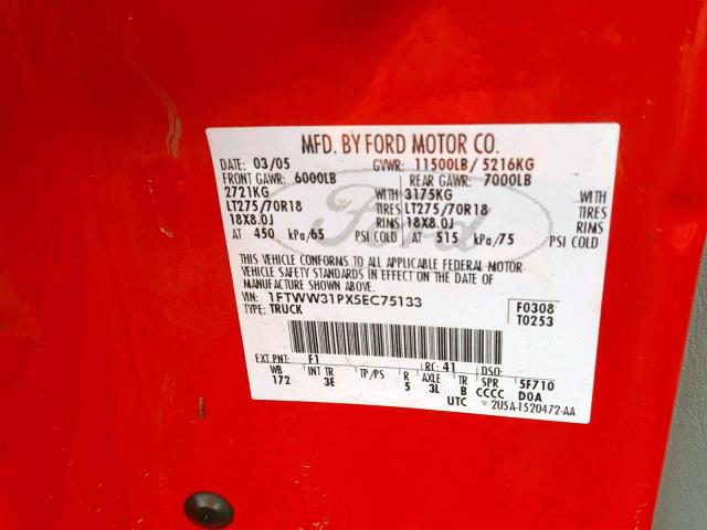 1FTWW31PX5EC75133 - 2005 FORD F350 SRW S RED photo 10