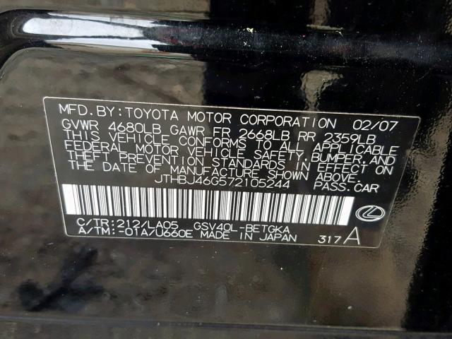 JTHBJ46G572105244 - 2007 LEXUS ES BLACK photo 10