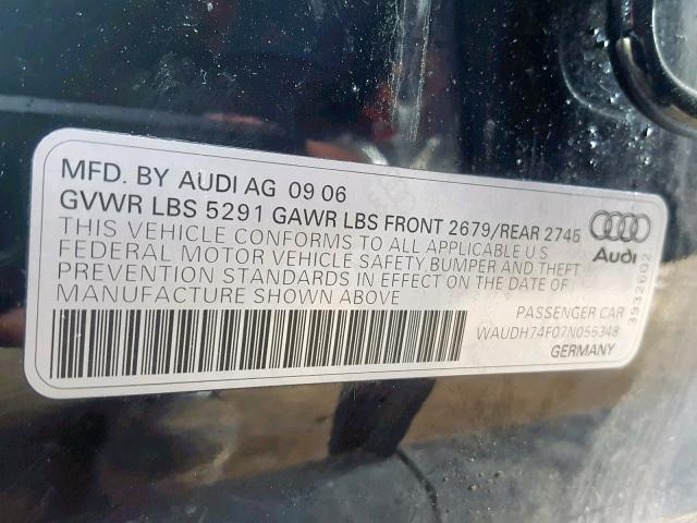 WAUDH74F07N055348 - 2007 AUDI A6 3.2 QUA BLACK photo 10