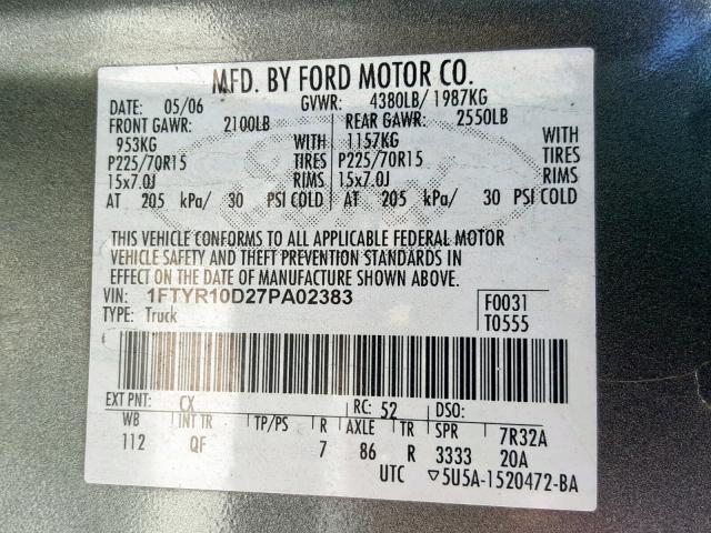 1FTYR10D27PA02383 - 2007 FORD RANGER GRAY photo 10
