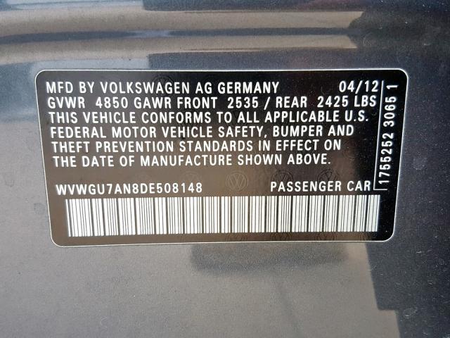 WVWGU7AN8DE508148 - 2013 VOLKSWAGEN CC VR6 4MO GRAY photo 10