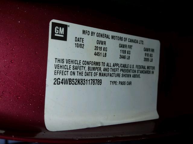 2G4WB52K831178789 - 2003 BUICK REGAL LS RED photo 10