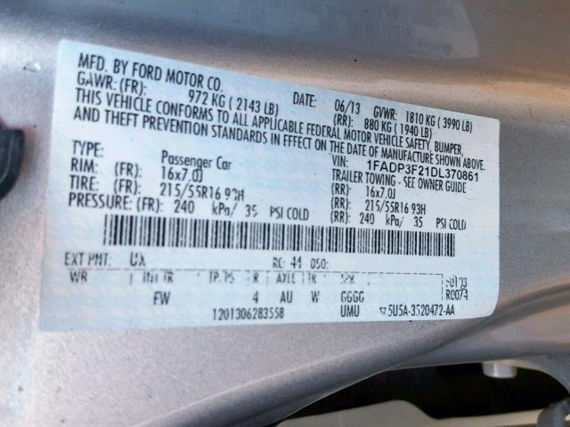 1FADP3F21DL370861 - 2013 FORD FOCUS SE SILVER photo 10