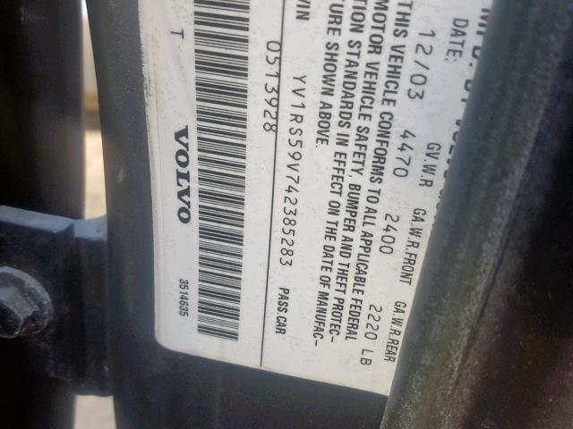 YV1RS59V742385283 - 2004 VOLVO S60 2.5T CHARCOAL photo 10